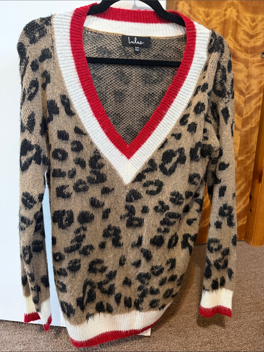 Lulu's Tan and Black Leopard-Print V-Neck Sweater with Red & White Trim